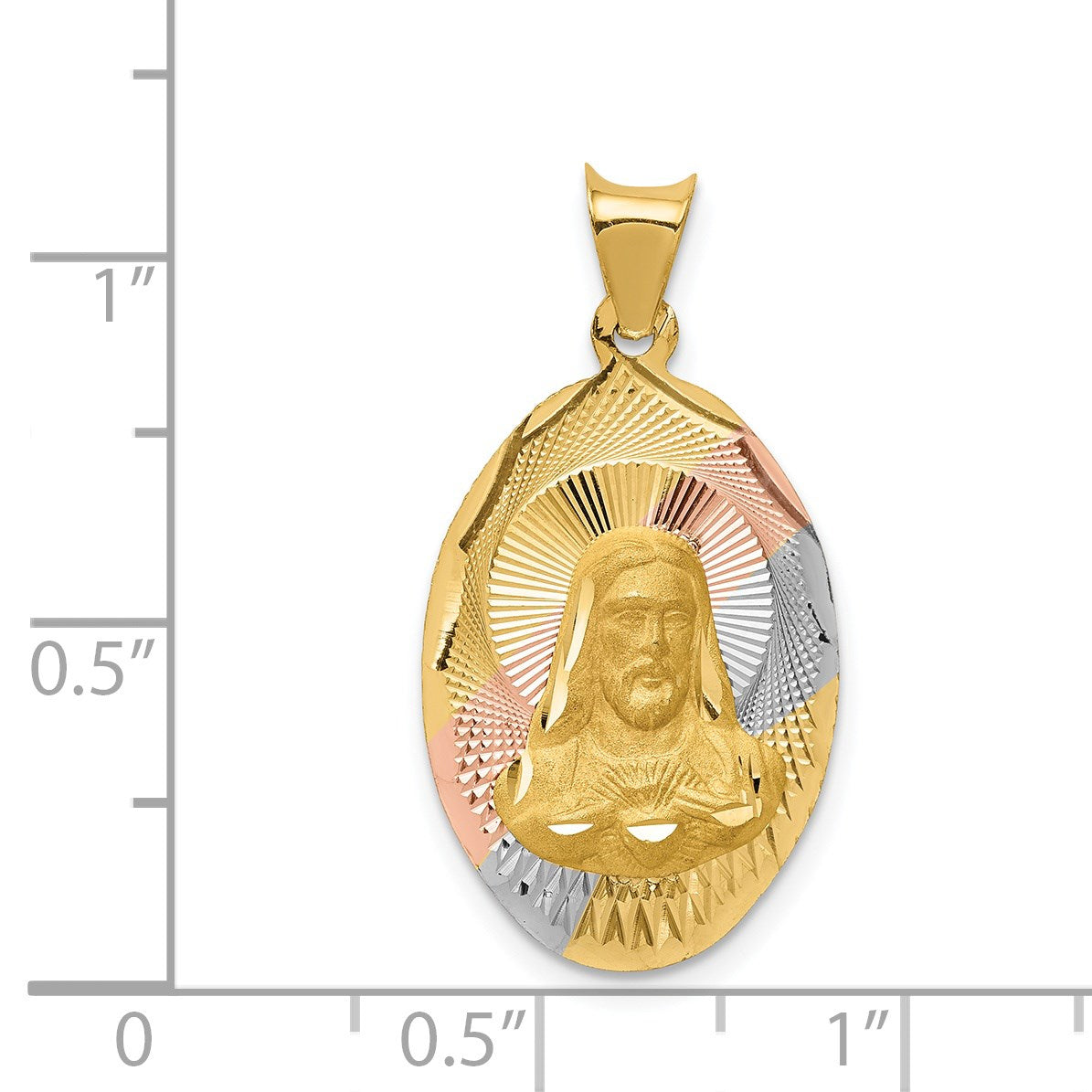 14K with Rose and White Rhodium Diamond-cut Solid Sagrado Corazon de Jesus Oval Pendant