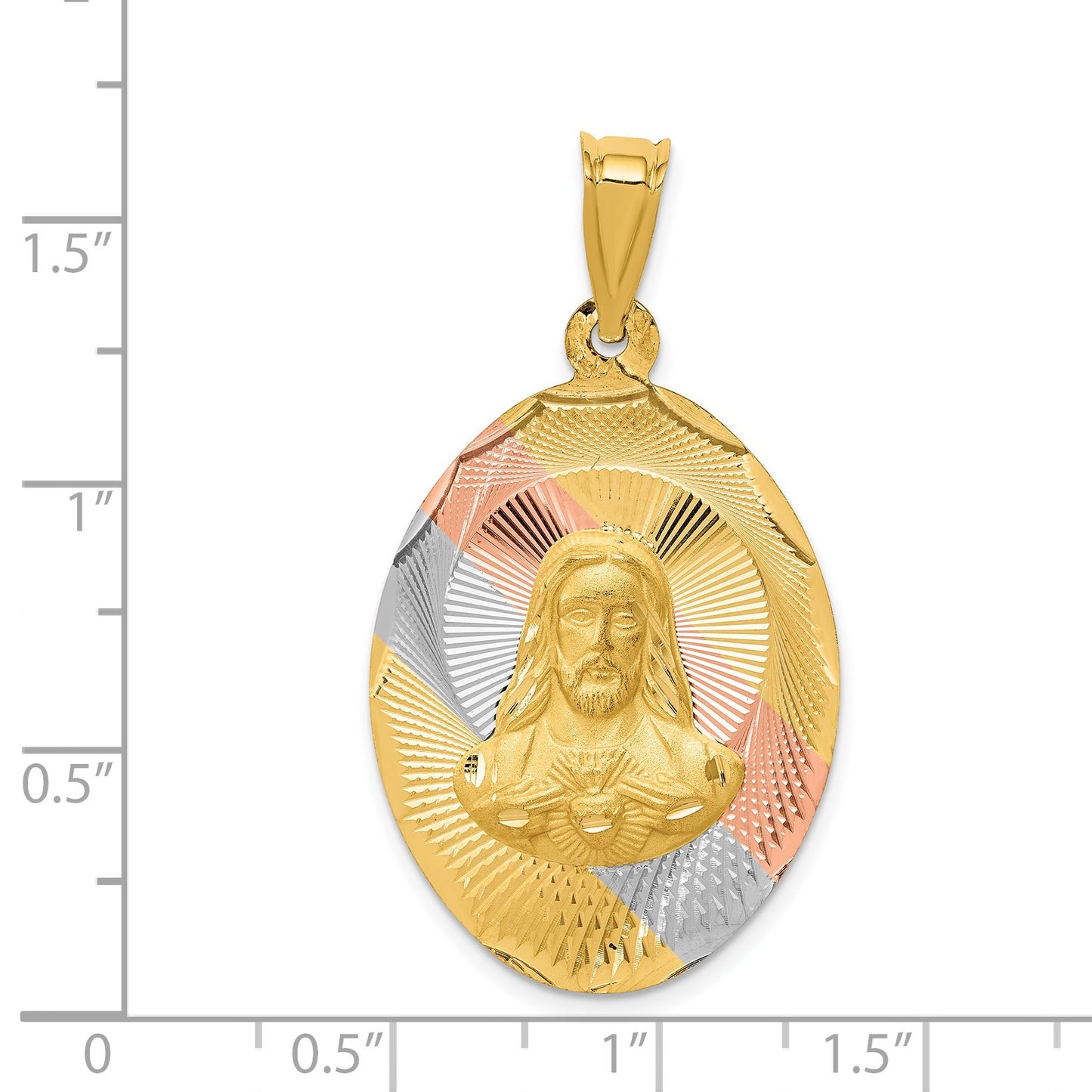 14K with Rose and White Rhodium Diamond-cut Solid Large Sagrado Corazon de Jesus Oval Pendant