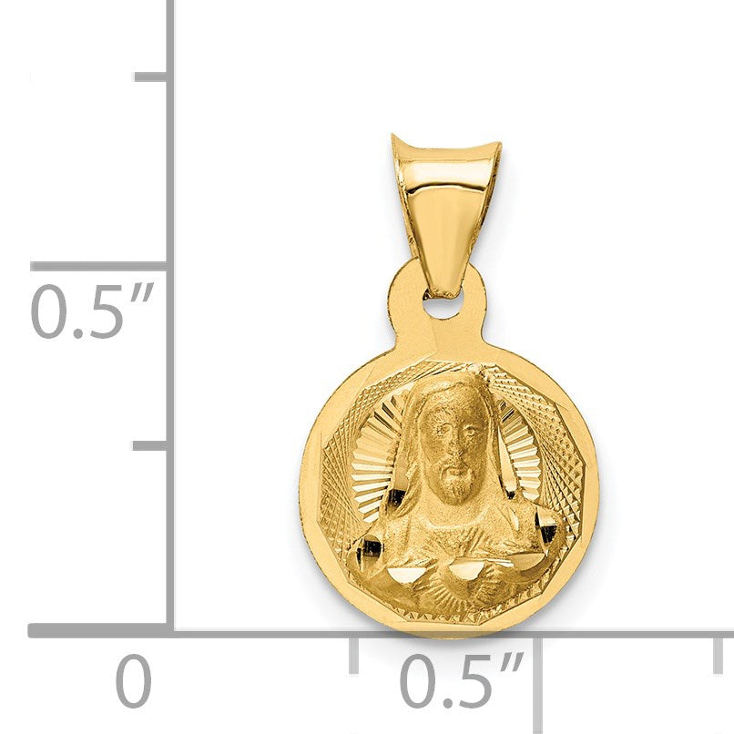 14K Polished Diamond-cut Solid Sagrado Corazon de Jesus Round Pendant