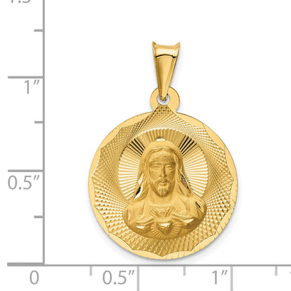 14K Polished Diamond-cut Solid Sagrado Corazon de Jesus Round Pendant
