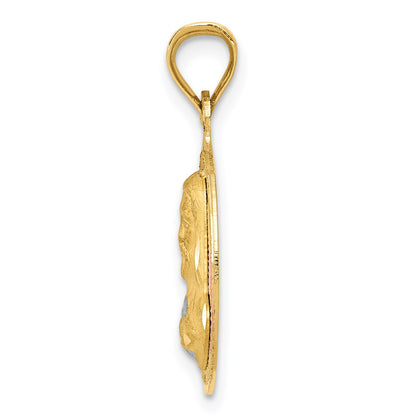 14K with Rose and White Rhodium Diamond-cut Solid Sagrado Corazon de Jesus Round Pendant