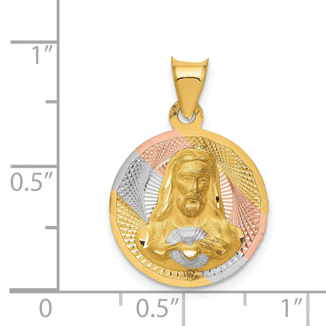 14K with Rose and White Rhodium Diamond-cut Solid Sagrado Corazon de Jesus Round Pendant