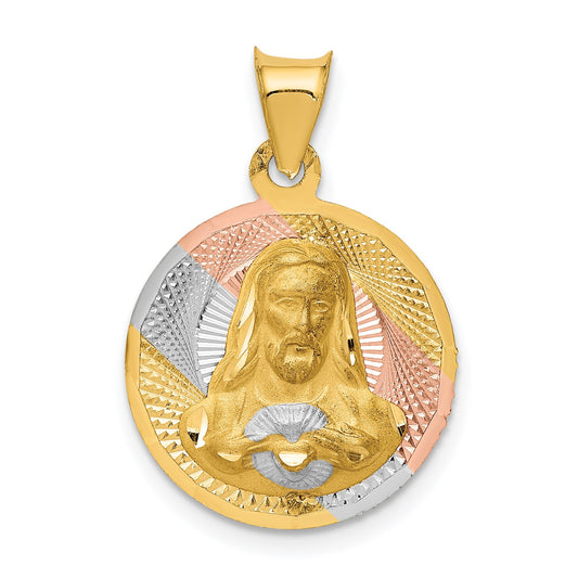 14K with Rose and White Rhodium Diamond-cut Solid Sagrado Corazon de Jesus Round Pendant