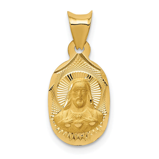 14K Polished Diamond-cut Solid Sagrado Corazon de Jesus Oval Pendant
