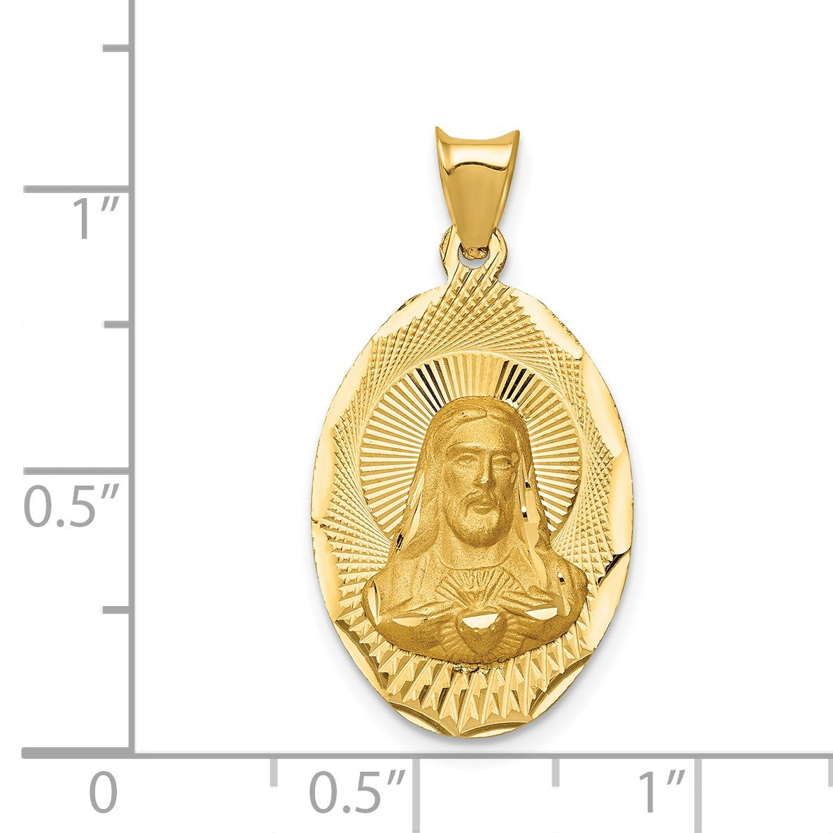 14K Polished Diamond-cut Solid Sagrado Corazon de Jesus Oval Pendant
