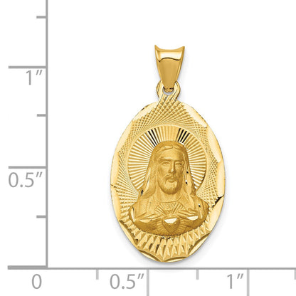 14K Polished Diamond-cut Solid Sagrado Corazon de Jesus Oval Pendant