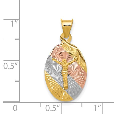 14K with Rose and White Rhodium Diamond-cut Corpus Oval Pendant