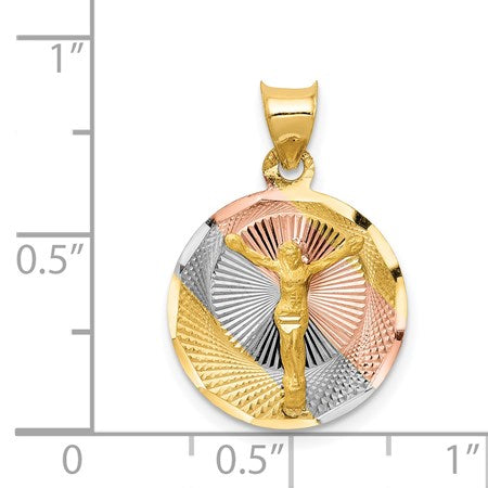 14K with Rose and White Rhodium Diamond-cut Corpus Circle Pendant
