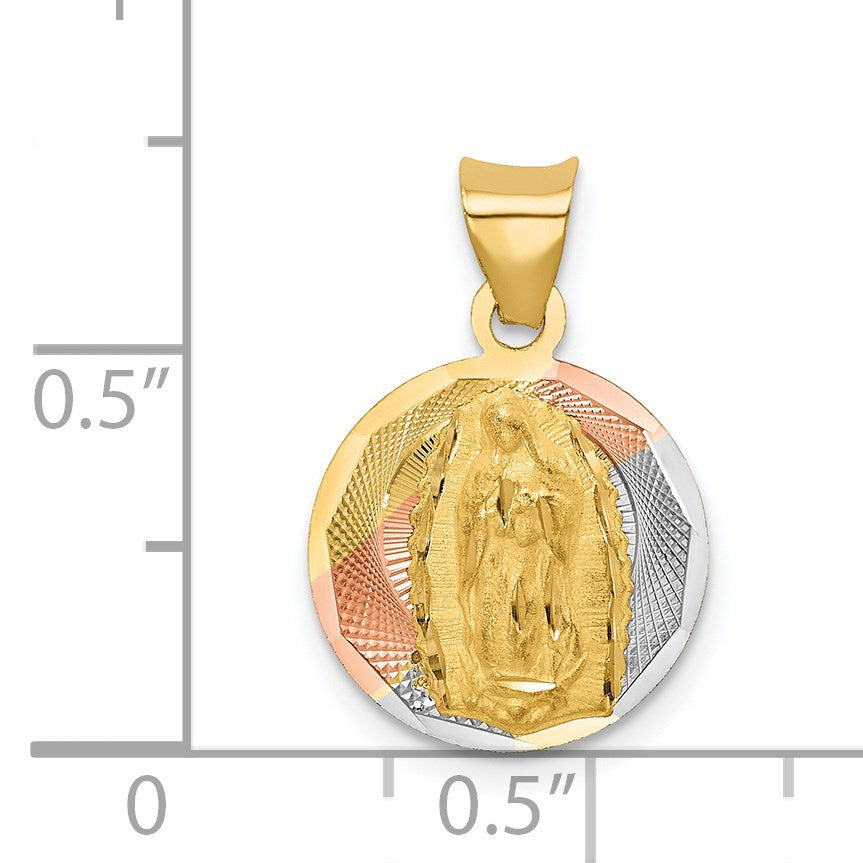 14K with Rose and White Rhodium Polished Diamond-cut Solid Our Lady Of Guadalupe Round Pendant