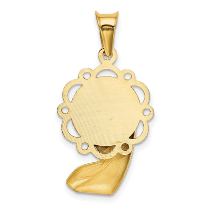 14K and White Rhodium Satin And Polished Diamond-cut Virgin Mary Scalloped Edge Pendant