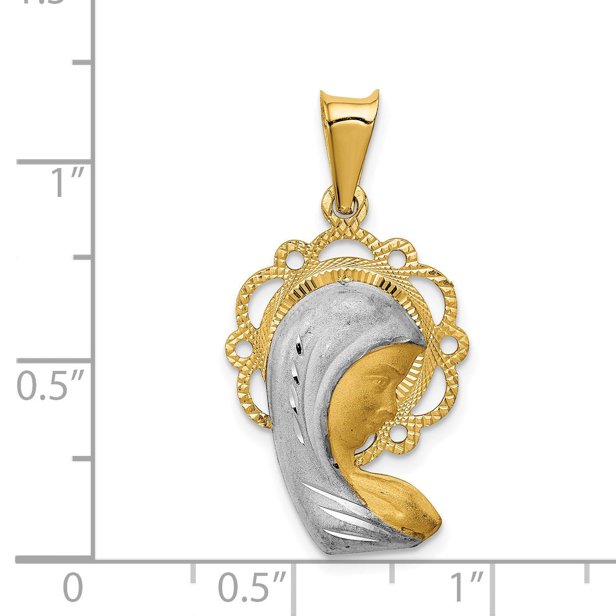 14K and White Rhodium Satin And Polished Diamond-cut Virgin Mary Scalloped Edge Pendant