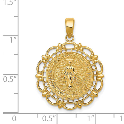 14K Polished Solid Large Miraculous Medal With Scallop Frame Round Pendant