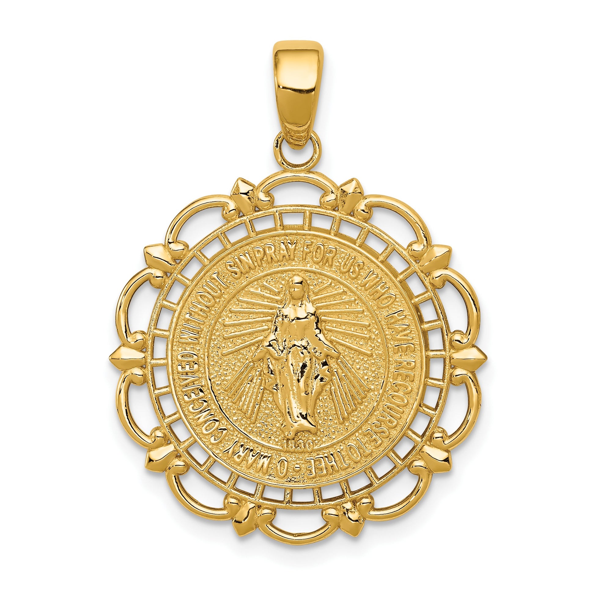 14K Polished Solid Large Miraculous Medal With Scallop Frame Round Pendant