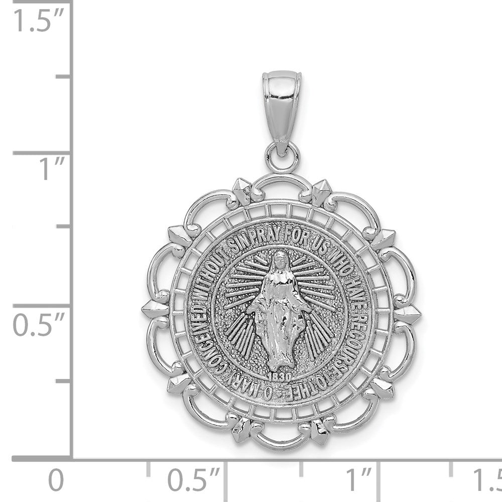 14K White Gold Miraculous Medal With Scallop Frame Pendant