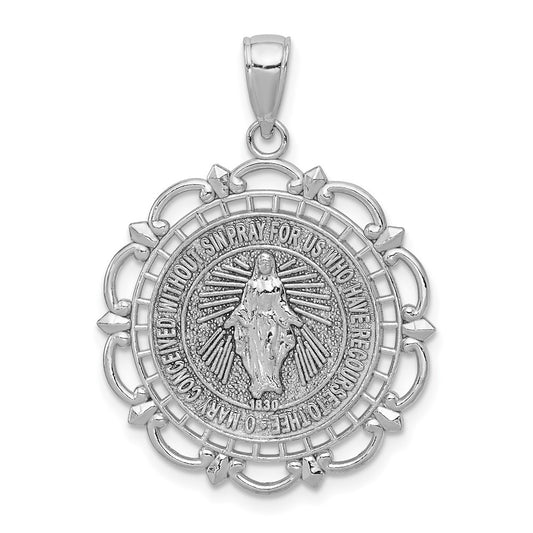 14K White Gold Miraculous Medal With Scallop Frame Pendant