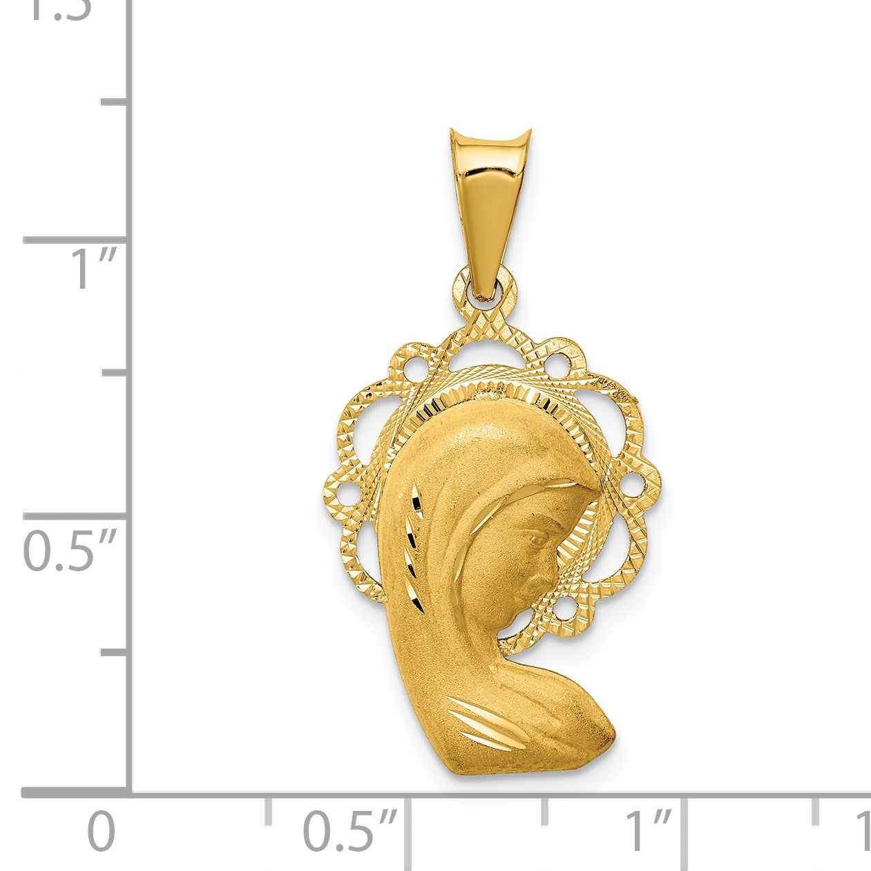 14k Satin and Polished Diamond-cut Virgin Mary Scalloped Edge Pendant