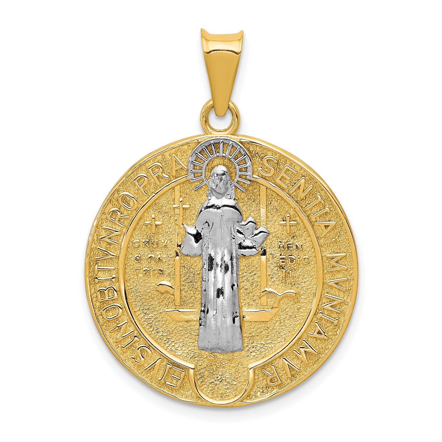 14k and White Rhodium Solid Large St. Benedict Medal Pendant