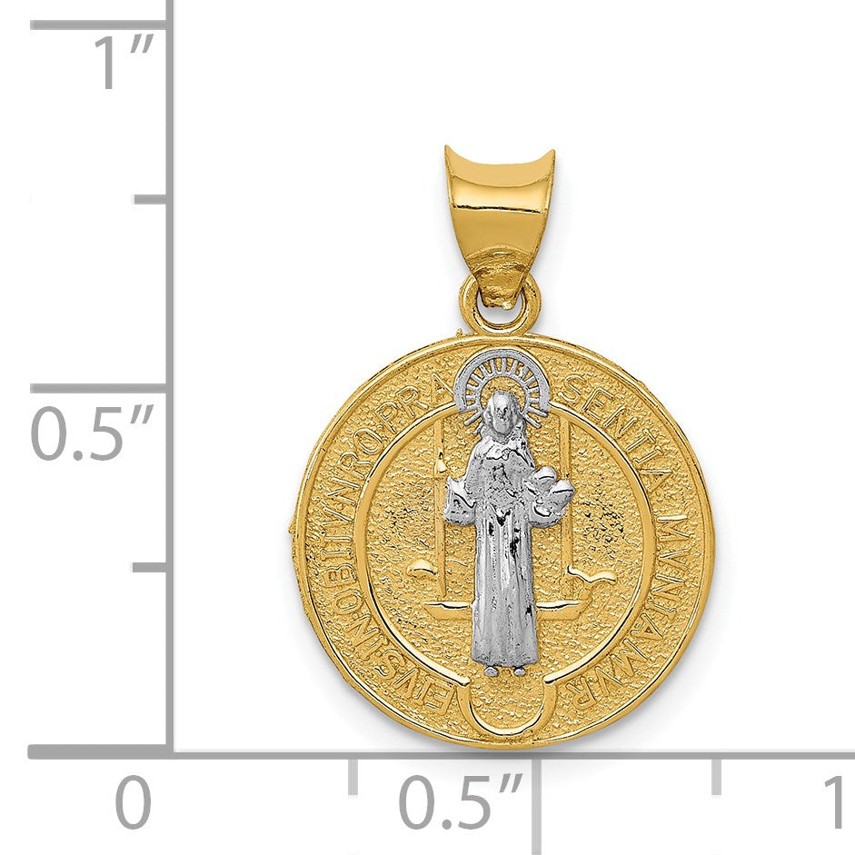 14k and White Rhodium Solid St. Benedict Medal Round Pendant