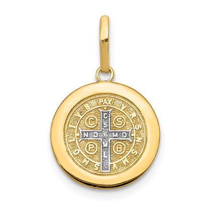 14k and White Rhodium Solid St. Benedict Medal Round Pendant
