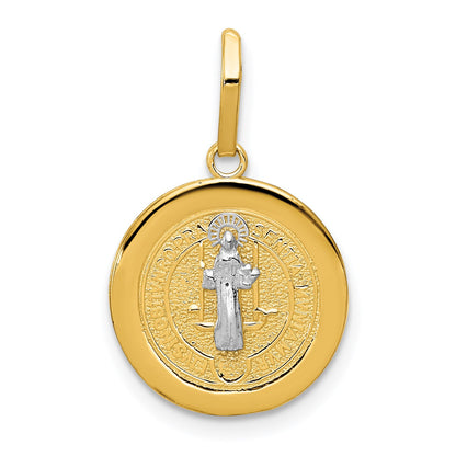 14k and White Rhodium Solid St. Benedict Medal Round Pendant