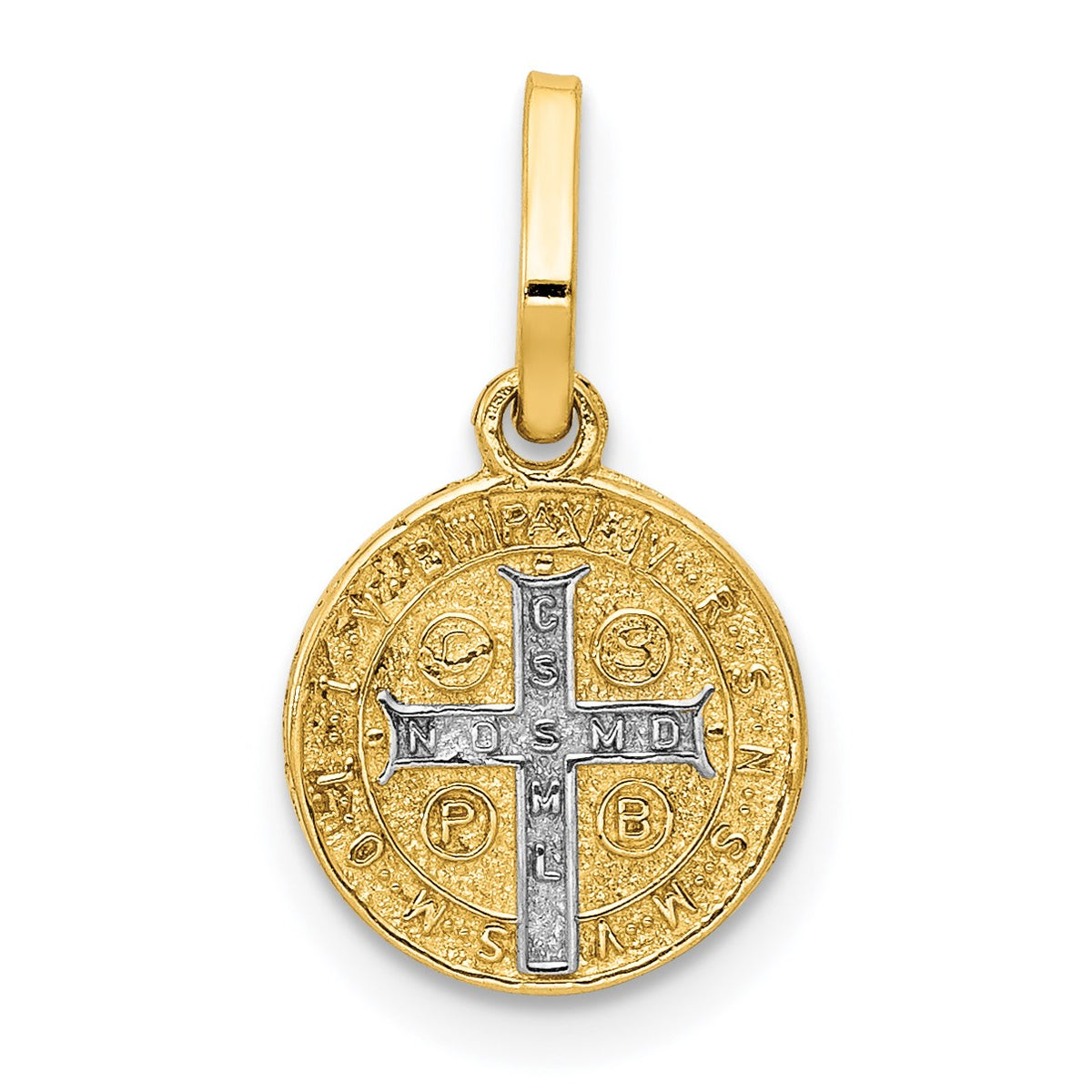 14k and White Rhodium Solid St. Benedict Medal Round Pendant