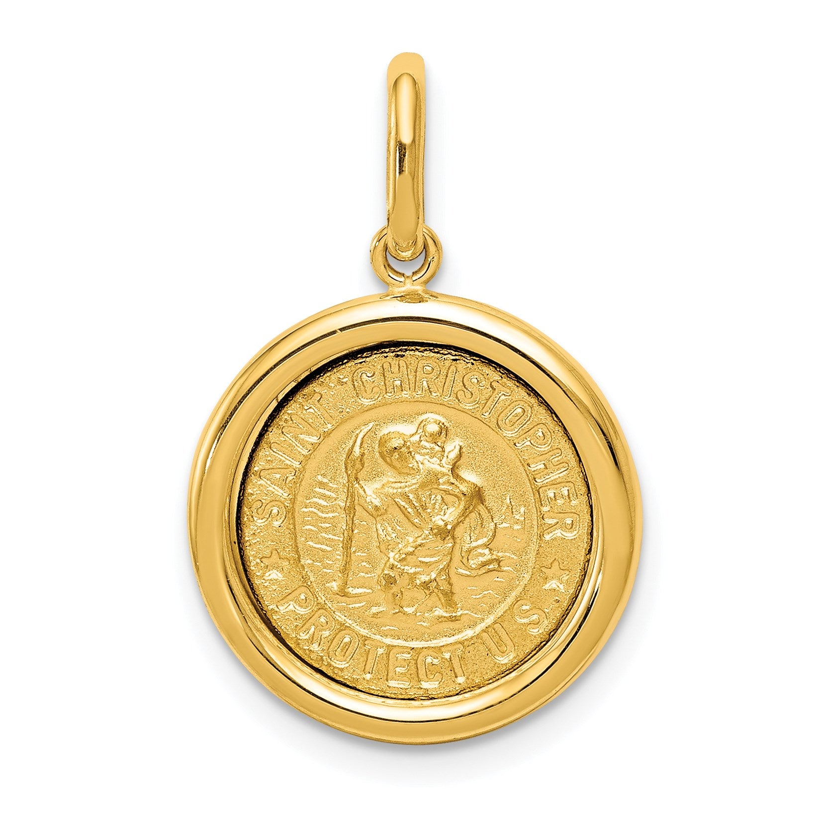 14K Polished And Satin Solid St Christopher Medal Round Pendant