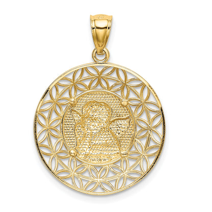 14k Polished Diamond-cut Angel Medal Round Pendant
