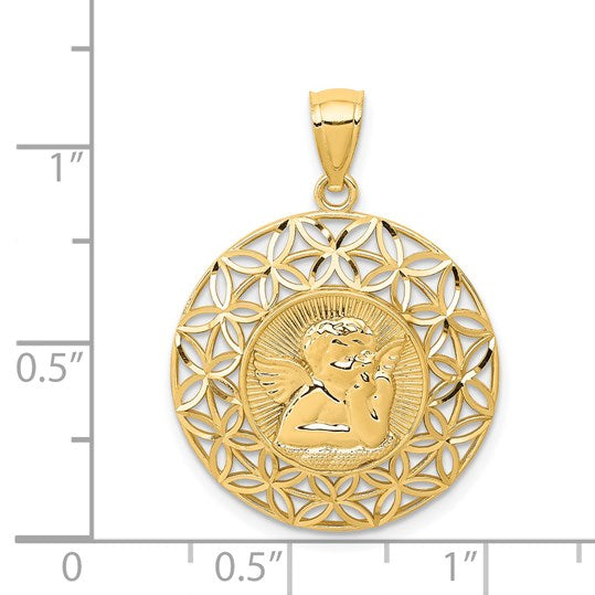 14k Polished Diamond-cut Angel Medal Round Pendant