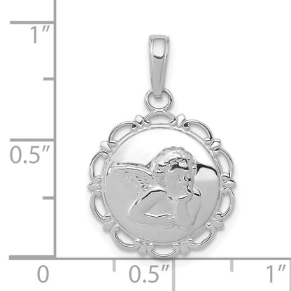 14K White Gold Polished Angel Cherub on Round Scallop Frame Pendant