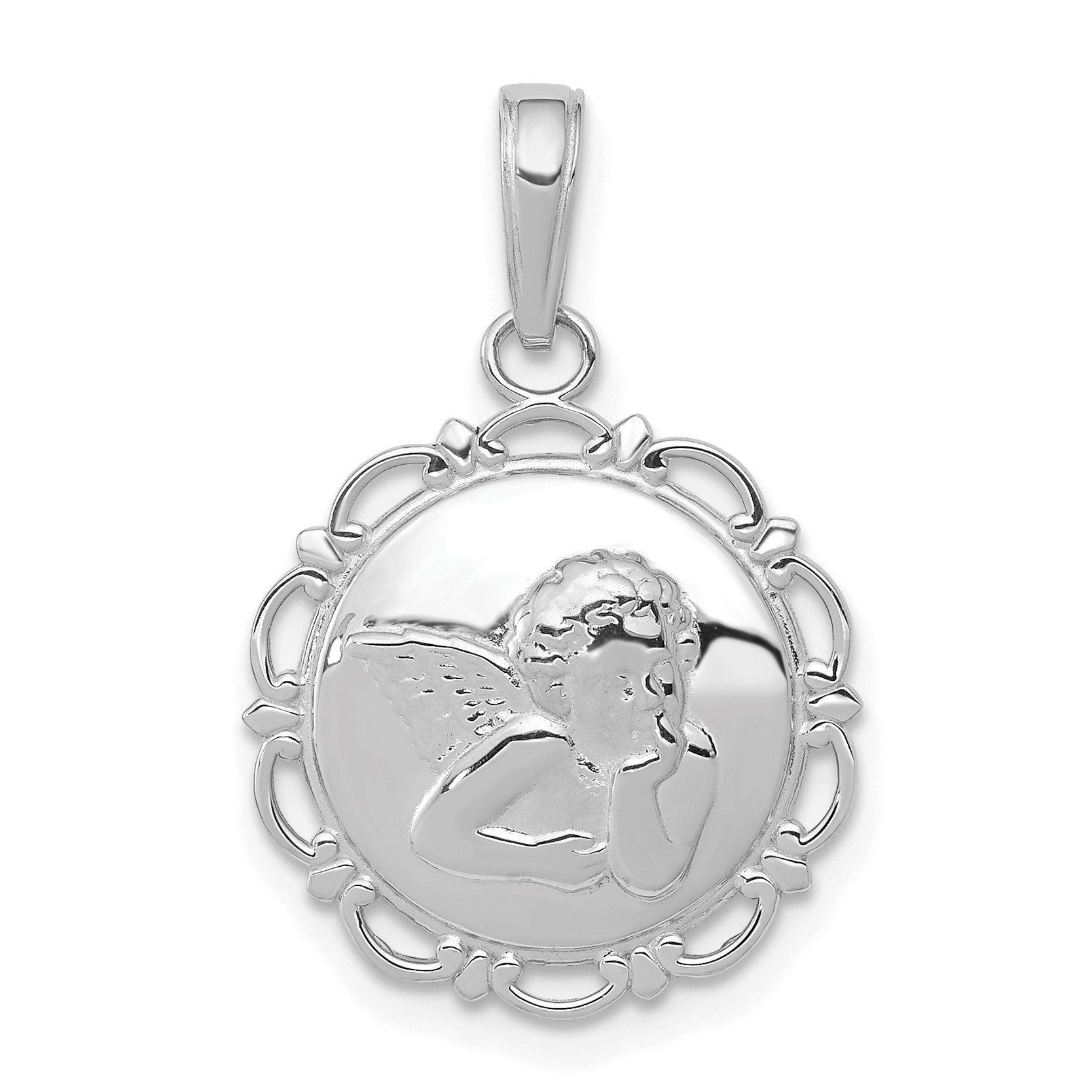 14K White Gold Polished Angel Cherub on Round Scallop Frame Pendant