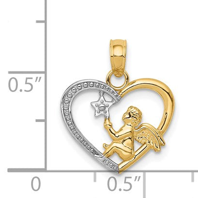 14K and White Rhodium Angel in Heart with Star Pendant