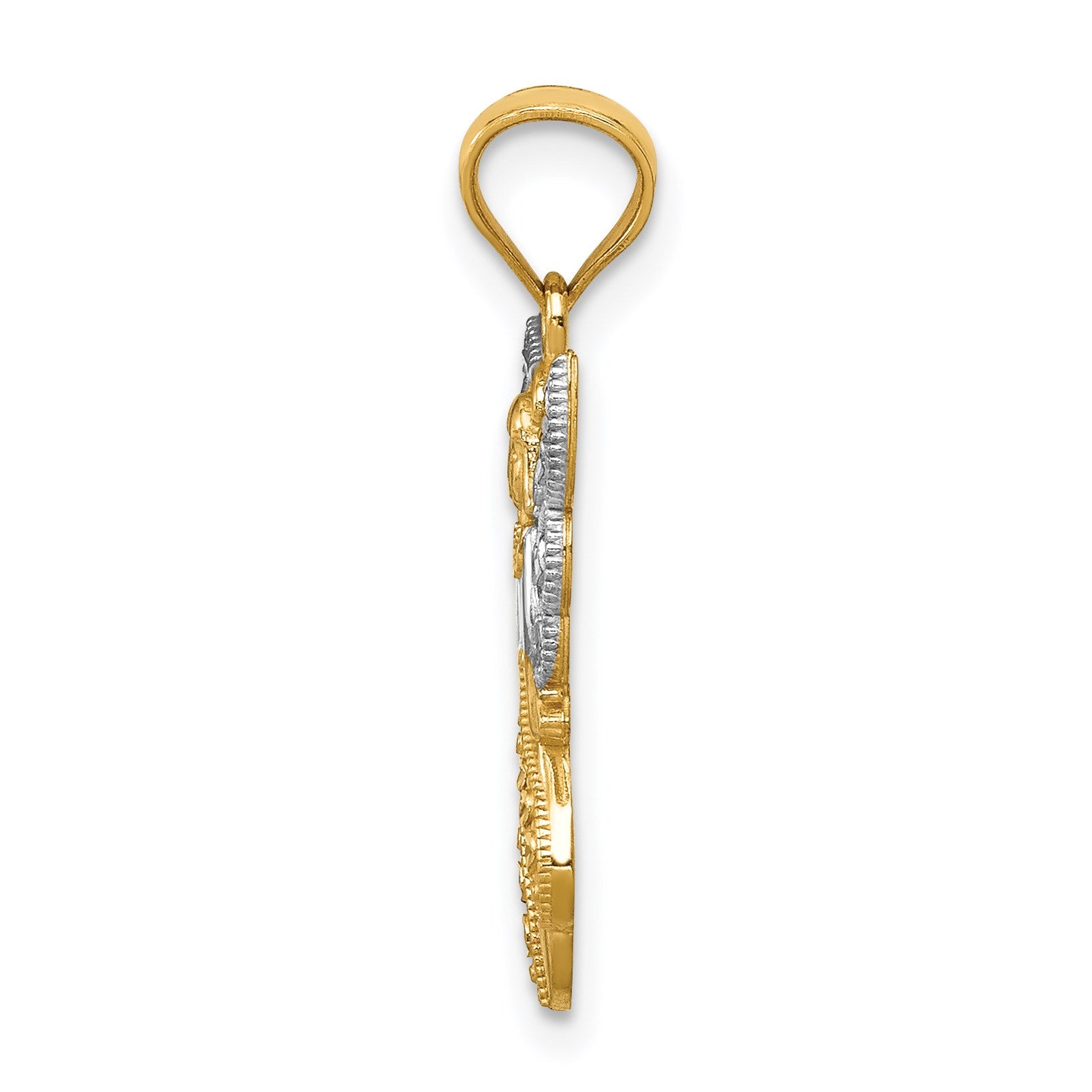 14K and White Rhodium Polished and Textured Angel Pendant