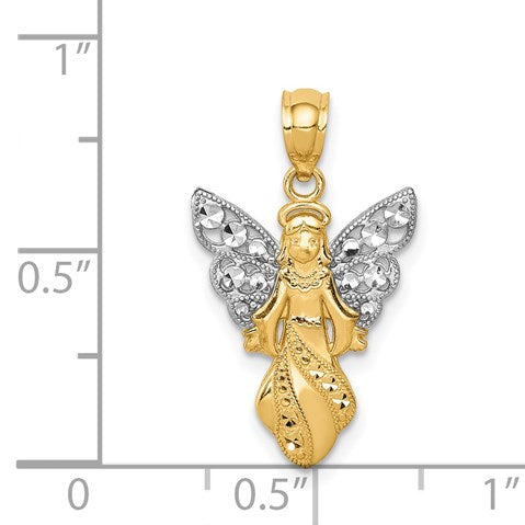 14K and White Rhodium Polished and Textured Angel Pendant