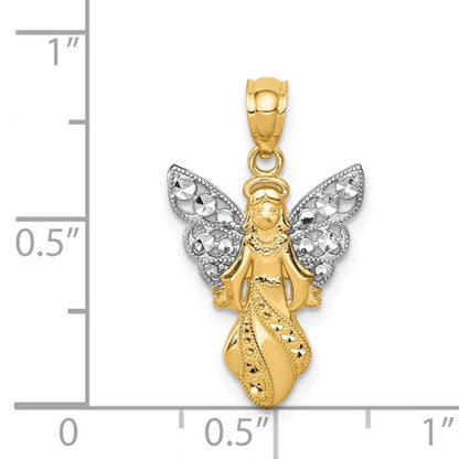 14K and White Rhodium Polished and Textured Angel Pendant