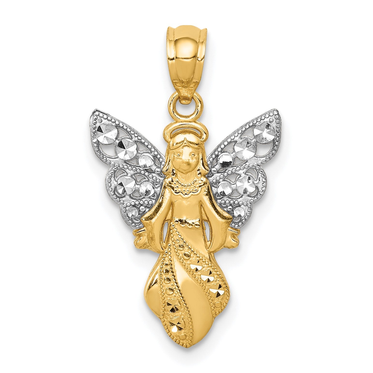 14K and White Rhodium Polished and Textured Angel Pendant