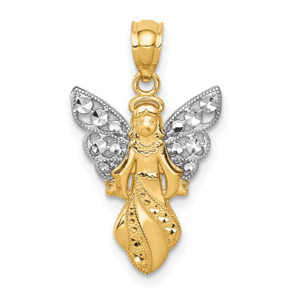 14K and White Rhodium Polished and Textured Angel Pendant