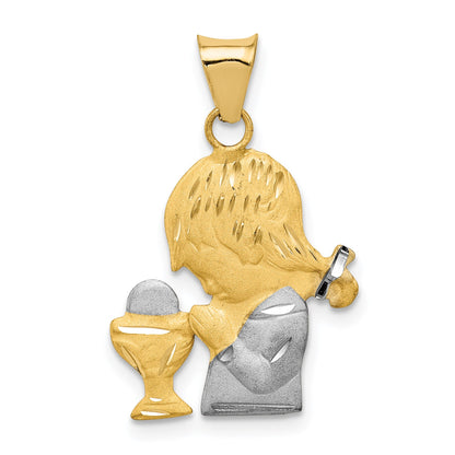 14K and White Rhodium Diamond-cut Girl Communion Semi-solid Pendant