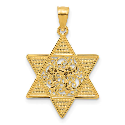14k Two-tone Gold Polished Star of David with Chai Pendant