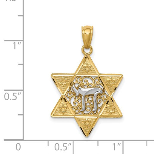14k Two-tone Gold Polished Star of David with Chai Pendant