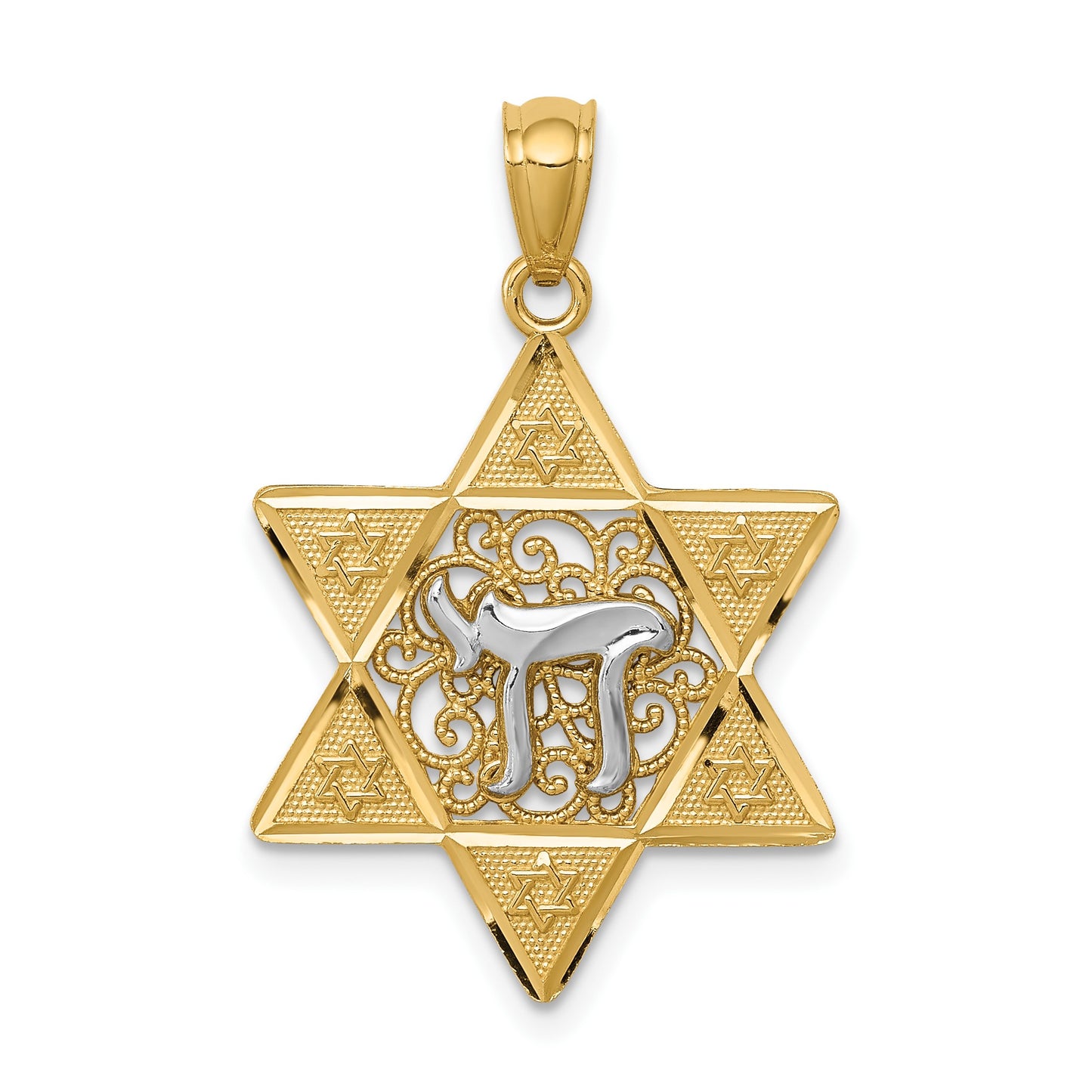 14k Two-tone Gold Polished Star of David with Chai Pendant