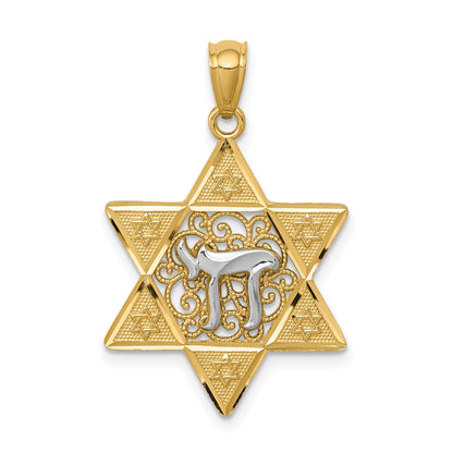 14k Two-tone Gold Polished Star of David with Chai Pendant