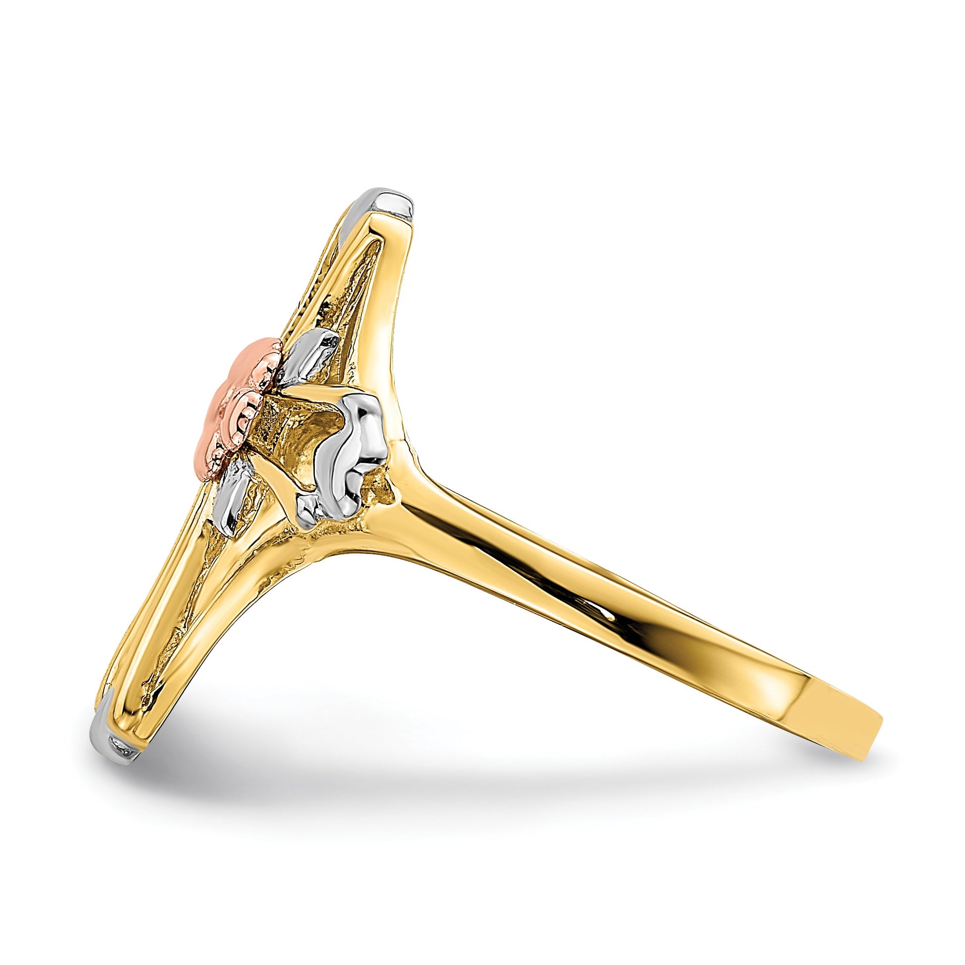 14K Two-tone with White Rhodium Polished Cross with Flower Ring