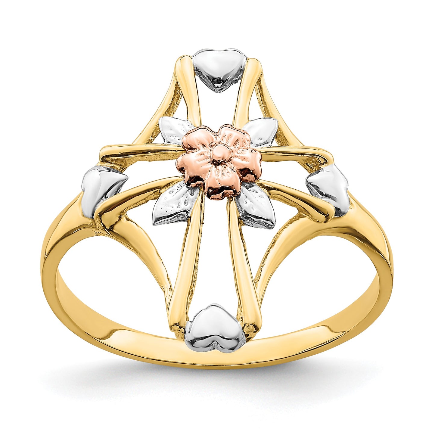 14K Two-tone with White Rhodium Polished Cross with Flower Ring