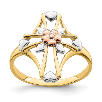 14K Two-tone with White Rhodium Polished Cross with Flower Ring