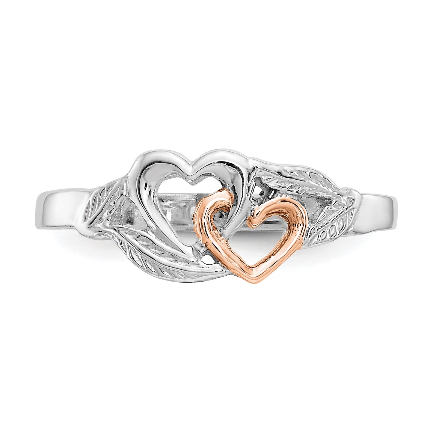 14K White and Rose Gold-Plated Polished 2 Hearts and Leaves Ring