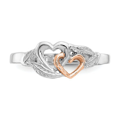 14K White and Rose Gold-Plated Polished 2 Hearts and Leaves Ring