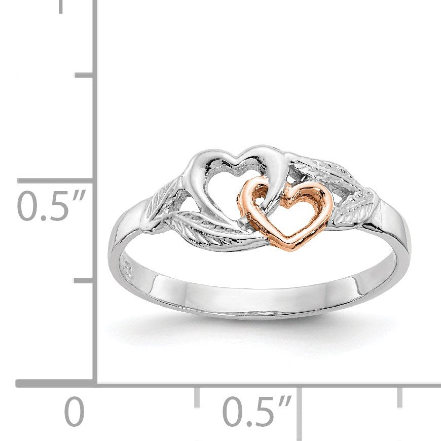 14K White and Rose Gold-Plated Polished 2 Hearts and Leaves Ring