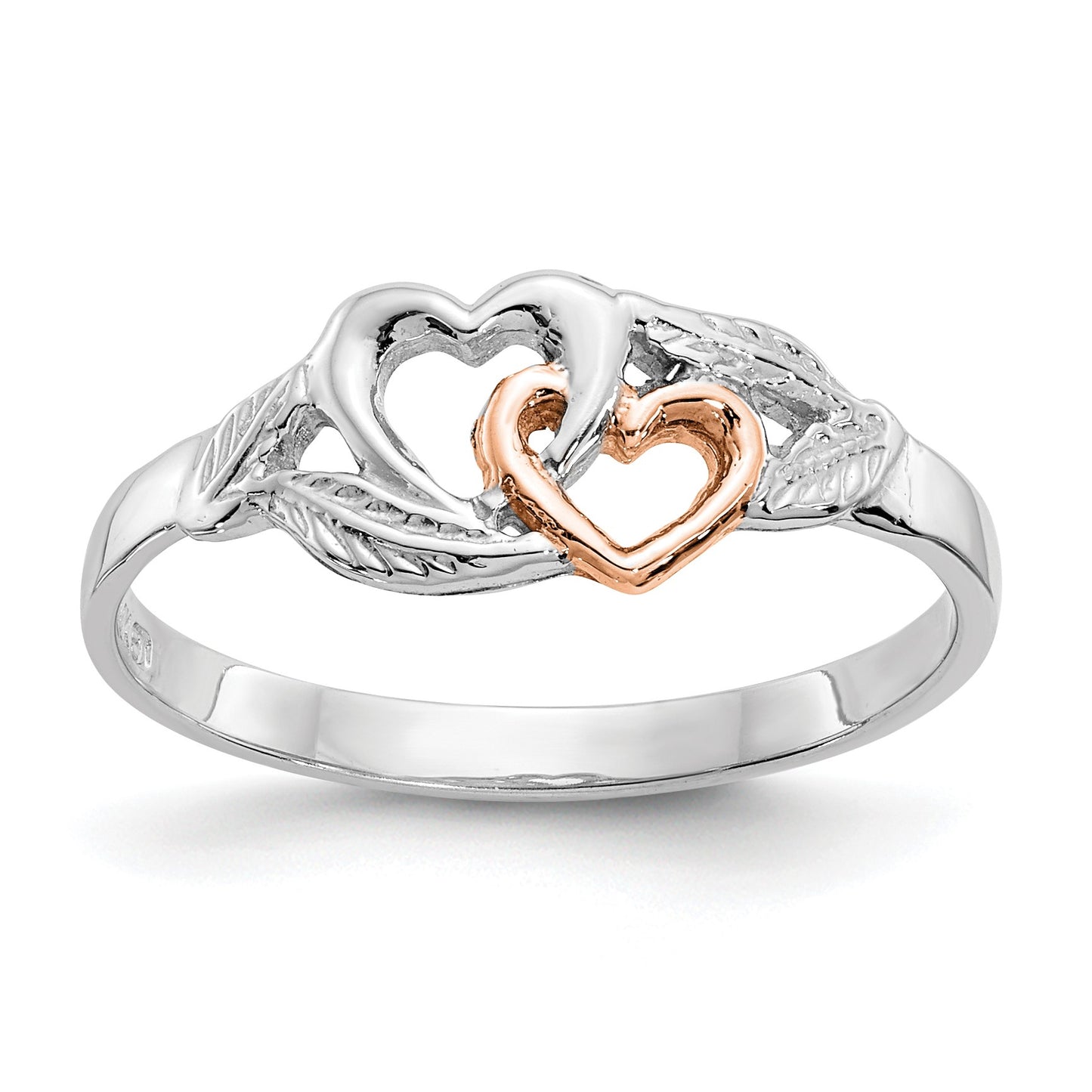 14K White and Rose Gold-Plated Polished 2 Hearts and Leaves Ring