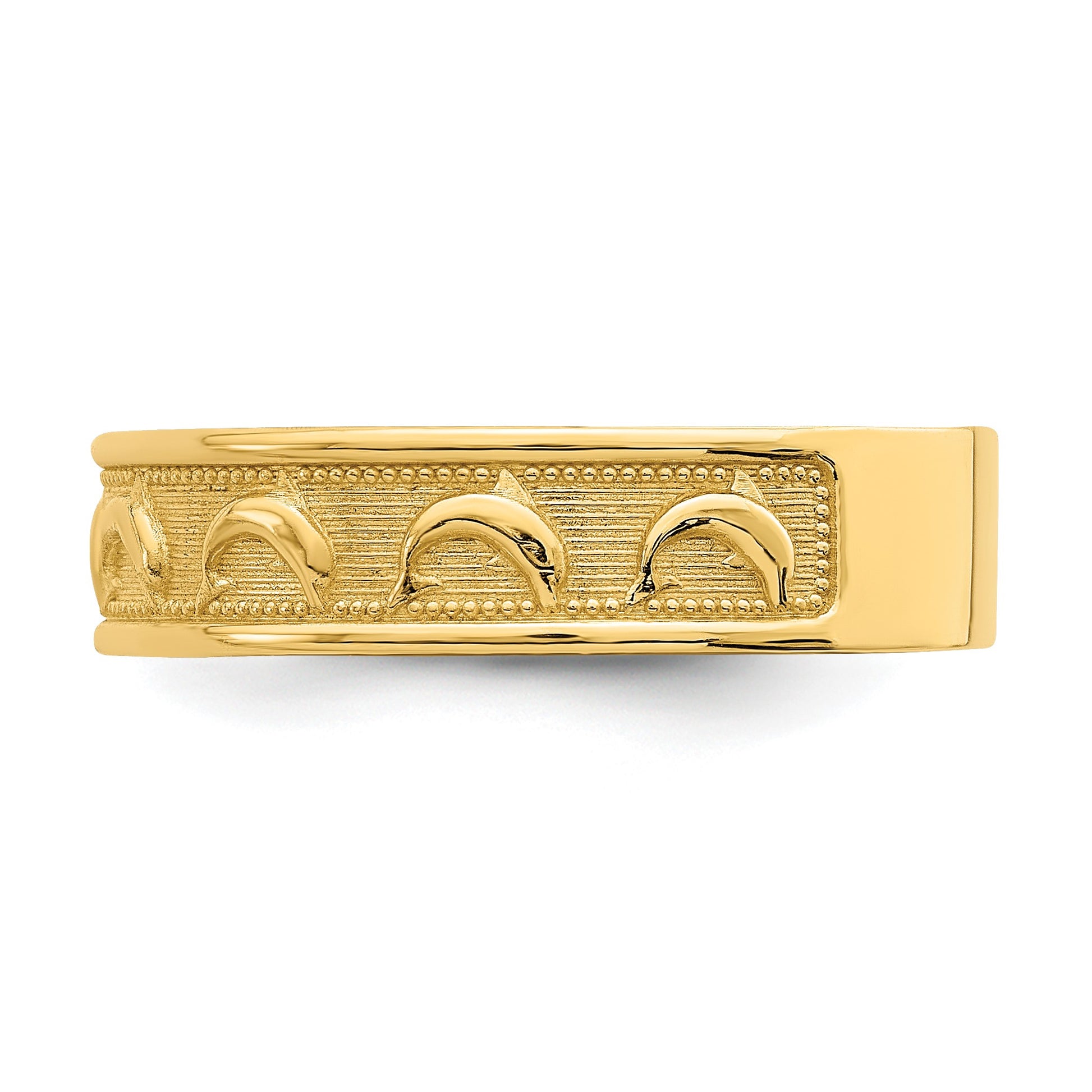 14K Polished and Textured Dolphin Engraved Size 8 Thumb Ring
