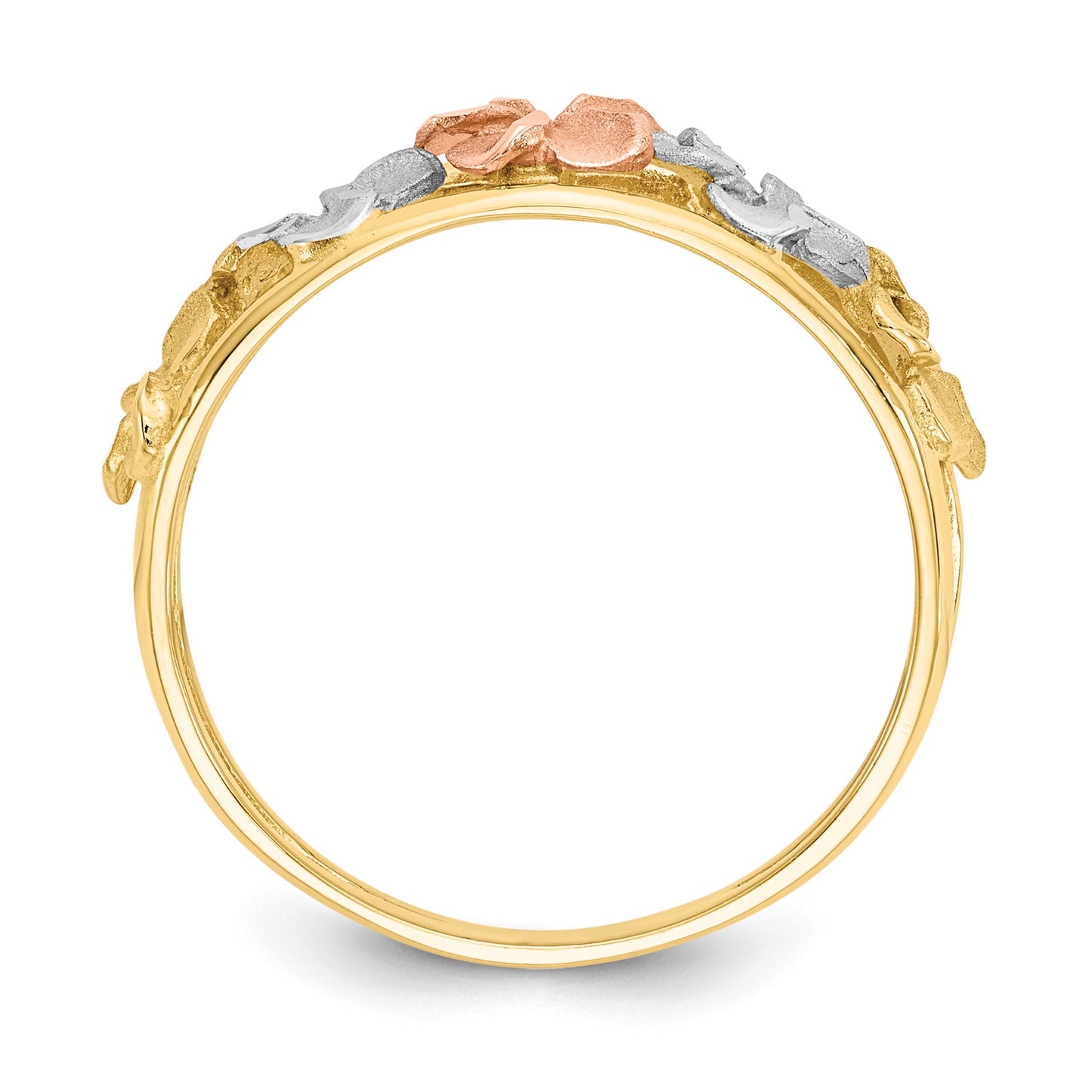 14k Two-tone with White Rhodium Satin and Polished Diamond-cut Plumeria Flowers Ring